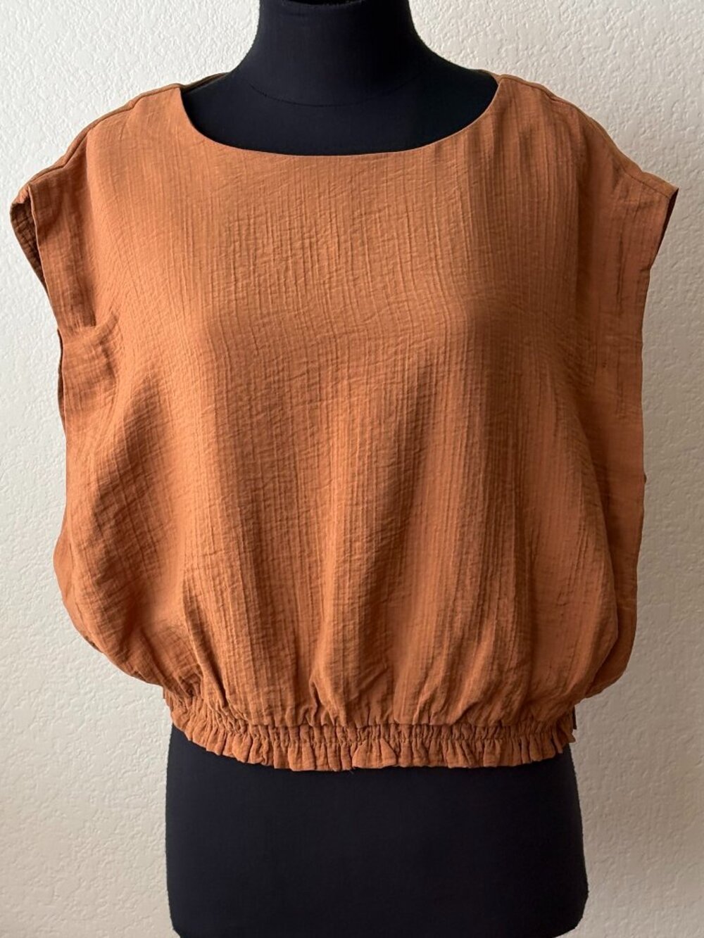 A New Day Womens XXL Brown Crinkle Gauze Top NWT Elastic Hem Fall Blouse